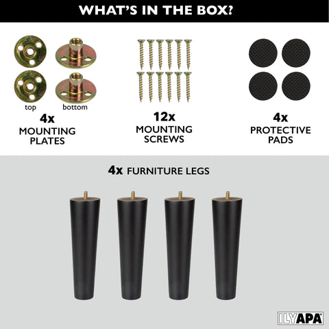 Heavy Duty Black 16 Inch Tapered Wooden Furniture Feet Replacement Legs For Chairs, Tables, Cabinets And Ottomans, Includes Insert Nuts, Screws And Floor Pads, DIY Friendly Install, Set Of 4 displayed with mounting plates, screws, and pads