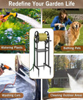 Ground Mount Garden Hose Reel Holds 125 Feet Of Five Eighths Inch Hose With 3.9 Ft Leader Hose And Brass Fitting shown with various garden uses