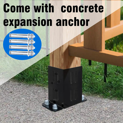 Heavy Duty 4x4 Wood Fence Post Anchor Base Kit with black powder coat and concrete anchors, installed on grass and concrete