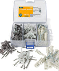 Drywall Anchor Kit With Screws 120 Piece Hollow Wall Set Including Grey Butterfly Anchors White Butterfly Anchors Self Drilling Anchors And 60 Screws For Hanging Shelves Pictures Cabinets And Other Wall Decor On Drywall in an open storage box with assorted anchors and screws.