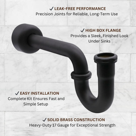 One And A Half Inch OD 17 Gauge Brass P-Trap With High Box Flange Matte Black Finish Complete P-Trap Set For Under Sink Install