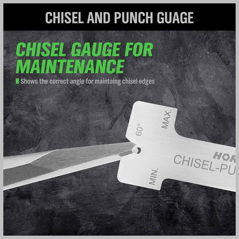 Chisel and punch gauge showing angle for chisel maintenance, part of 28 Piece Punch And Chisel Set With Pin Punches Taper Punches Cold Chisels And Center Punches For Automotive Metalworking And Mechanical Tasks Pro Grade Chrome Vanadium And Carbon Steel Tools Durable Beefy And Versatile Hand Tool Kit.
