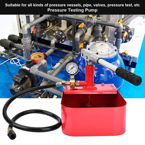 Front view manual hydraulic pressure test pump, 1000 PSI, red unit with gauge and hose for pipe testing
