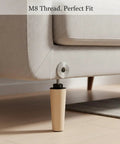 Fix Wobbly Sofa Legs With M8 Threaded Conical Foot, Durable PP Plastic And Metal Support, attached to beige sofa leg corner view