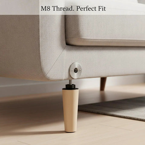 Fix Wobbly Sofa Legs With M8 Threaded Conical Foot, Durable PP Plastic And Metal Support, attached to beige sofa leg corner view