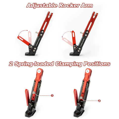 Universal Adjustable Aluminum Alloy Motorcycle Kickstand For Electric Scooters And Dirt Bikes Red showing rocker arm positions.