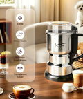 Top Shelf Electric Coffee Grinder And Spice Mill featuring a 150W motor and stainless steel blades on a wooden table set.