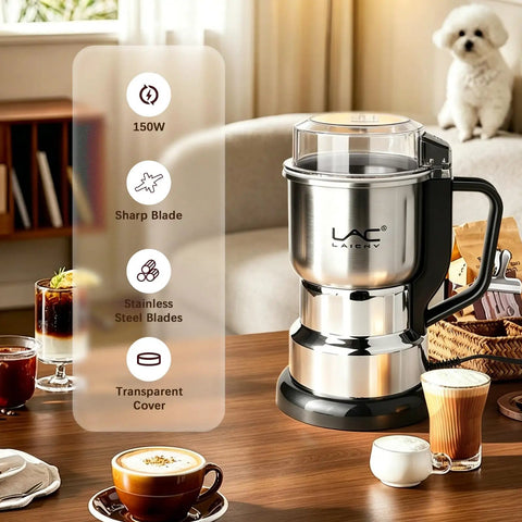Top Shelf Electric Coffee Grinder And Spice Mill featuring a 150W motor and stainless steel blades on a wooden table set.