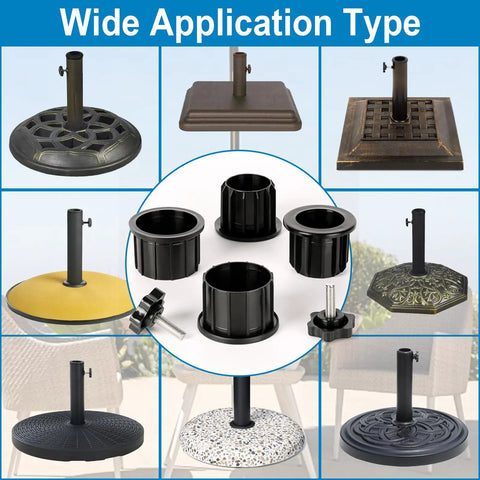 Umbrella Base Replacement Parts Kit with Ring Plugs and Two M8 Threaded Knobs displayed with various umbrella stands.