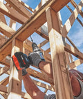 Worker using PROFACTOR 18V Connected Ready Half Inch Hammer Drill and Driver Bare Tool Built to Crush Tough Jobs With Onboard UI Leveling Angle Control And App Connectivity For Custom Settings Via Toolbox App in wood framing