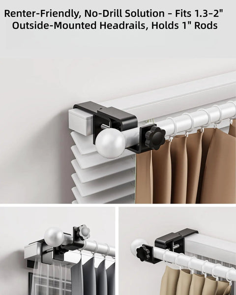 Outside Mounted Curtain Rod Brackets for Rectangular Headrails 1.3 to 2 Inches Fits Curtain Rods Up to 1 Inch Diameter Tool Free