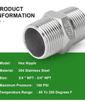 5 Piece Cast 304 Stainless Steel Hex Nipples Set For Pipe Fittings Three Quarter Inch Male To Three Quarter Inch Male NPT