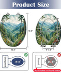 Elongated Mountain Valley Landscape Pine Forest Wildflowers Toilet Seat dimensions illustration showing size and shape.