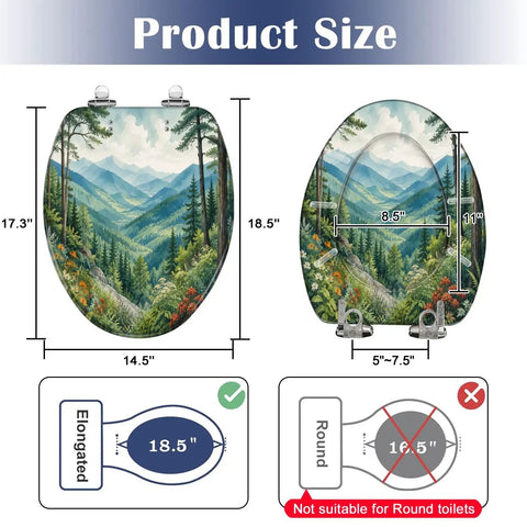 Elongated Mountain Valley Landscape Pine Forest Wildflowers Toilet Seat dimensions illustration showing size and shape.