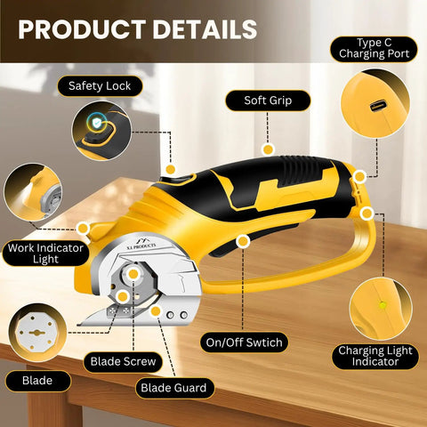 Upgrade Your Workflow With This Badass 4V Cordless Electric Scissors showcasing safety lock, soft grip, and work indicator light.