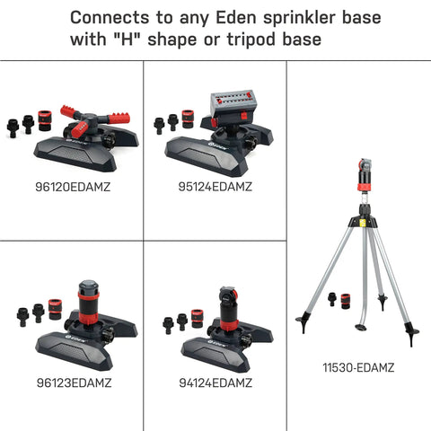 Badass Rotary Gear Drive Lawn And Garden Sprinkler Head With Smooth Rolling Wheels Quick Snag Hose Hookup shown with compatible bases.
