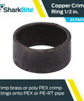 Half Inch Copper Crimp Rings For PEX And PE-RT Pipe Pack Of 25 Brass Crimp Fittings, single ring close-up with branding.