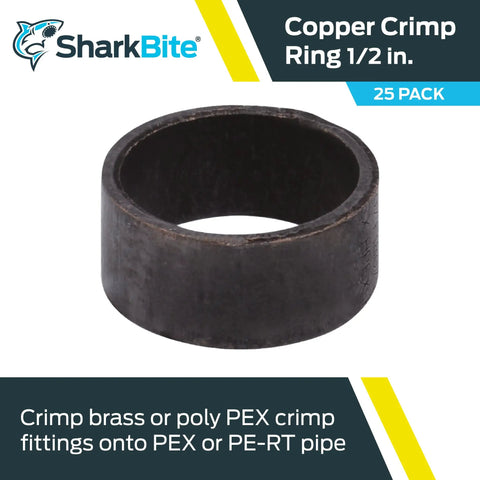 Half Inch Copper Crimp Rings For PEX And PE-RT Pipe Pack Of 25 Brass Crimp Fittings, single ring close-up with branding.