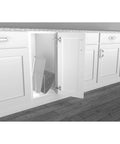 Open cabinet with U-Shaped Wire Tray Divider for baking and cookie sheets, chrome finish, 3.25 inch face opening, platters separated inside.