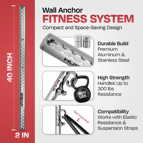 Kickass Aluminum Wall Mounted Fitness Anchor Platform For Heavy Lifting And Muscle Sculpting Adjustable Home Gym Rig With Legit 300 Pound Capacity And Super Quick Install, showing 40-inch wall anchor and stainless steel components.