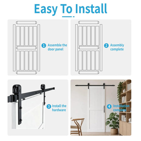 Four step image guide: easy installation of 36 By 84 Inch Solid Pine Sliding Barn Door With Slick Rolling Hardware Kit.