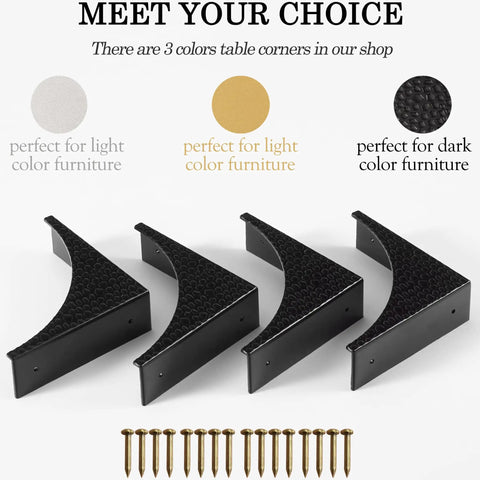 Heavy Duty Corner Guards For Furniture And Office Desks Zinc Alloy Edge Protectors Anti Rust Table Bumpers Built Tough Kickproof Hardware Covers With Screws Four Pack in black with mounting screws.