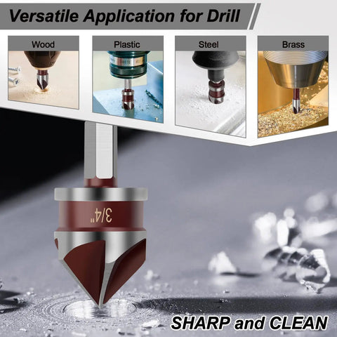Five Piece Countersink Drill Bit Set With 82 Degree Countersink Pro Grade HSS High Speed Steel Five Flute Design in use on various materials.