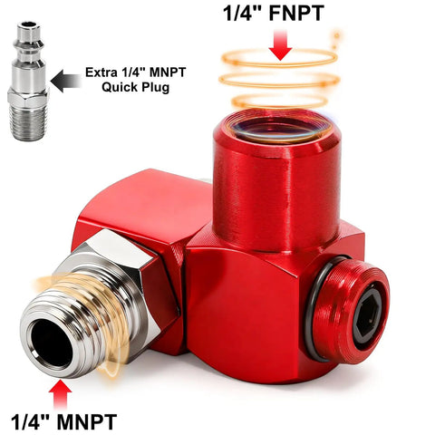 Four Pack 1/4 Inch MNPT Aluminum Air Hose Fittings With 360 Degree Swivel Plug And Play Quick Connect Pneumatic Tool Adapters For Air Tools Red Includes Thread Tape For Leak Prevention 1/4" MNPT red aluminum fitting