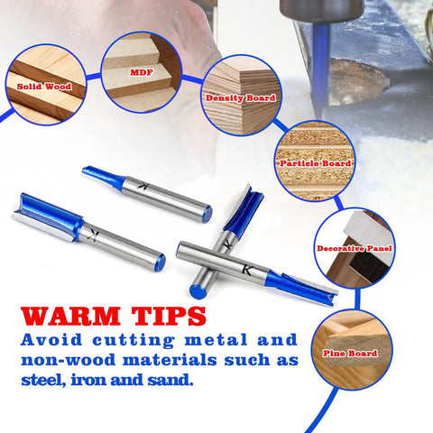 Top Shelf 7 Piece Straight Cut Router Bit Set 1/4 Inch Shank For No Sweat Routing Sweet Grooves Dados And Precision Woodworking Tasks Built Tough For Daily Shop Grind showing router bits and wood types.
