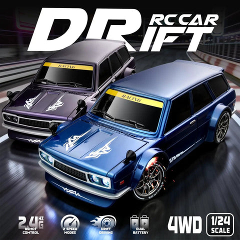 Two One Twenty Fourth Scale RC Drift Cars with Four Wheel Drive Dual Speed Up To Twenty Kilometers Per Hour on a track
