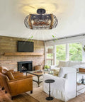 Farmhouse Caged Ceiling Fan With Light, 17 Inch Bladeless Ceiling Fan With Remote in a cozy rustic living room setting