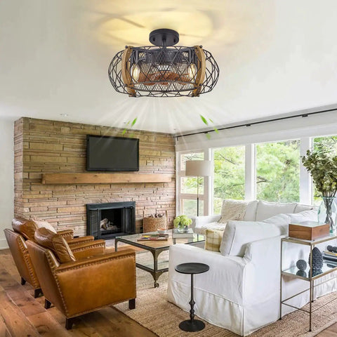 Farmhouse Caged Ceiling Fan With Light, 17 Inch Bladeless Ceiling Fan With Remote in a cozy rustic living room setting