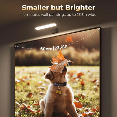 Top Notch Rechargeable Picture Lights Two Pack Museum Quality High Cri Wall Mounted Frame Lamps illuminating a wall picture of a dog.