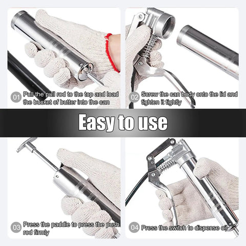 Mini Grease Gun 3000 PSI Heavy Duty Pistol Grip With 9.8 Inch Flexible Hose And 5.9 Inch Rigid Extension For 3 Oz Cartridges usage instructions