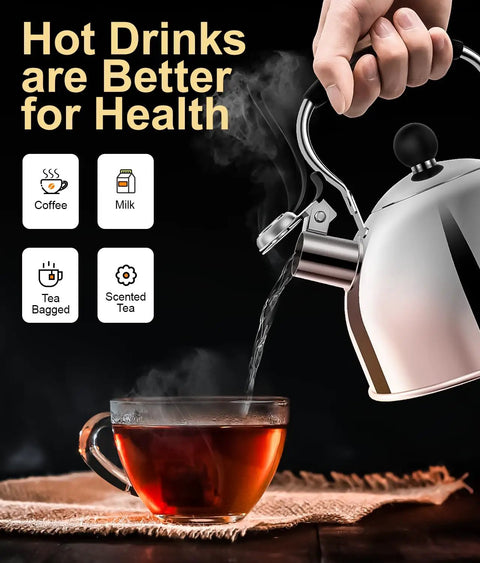 Stovetop Whistling Tea Kettle, 2 Quart Stainless Steel Pot For Tea And Coffee Lovers pouring hot water into cup