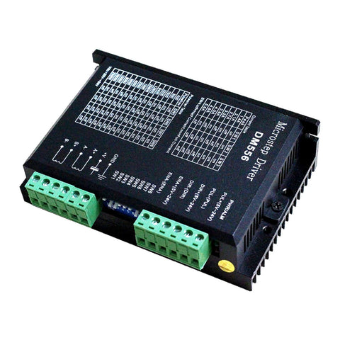 DM556 CNC stepper motor driver in a black metal enclosure with two green terminal block connectors
