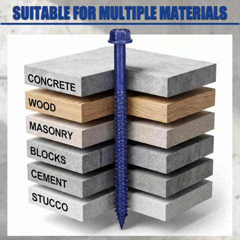 200 Piece Blue Hex Concrete Screw Anchors 1/4 X 3-1/4 Inch PTFE Carbon Steel in different material layers.