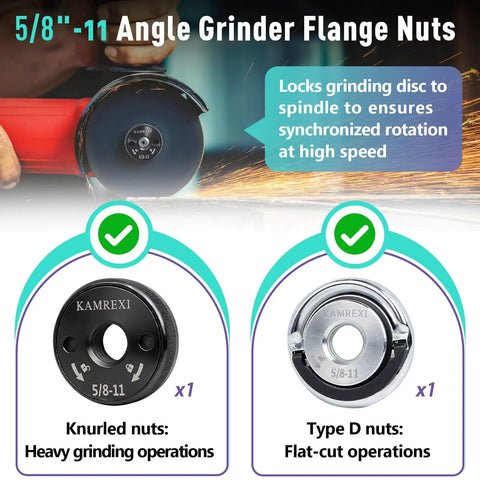 5/8-11 Angle Grinder Flange Nut Set With Heavy-Duty Self-Locking D-Ring And Knurled Arbor Nut For 4-1/2, 5, 7 And 9 Inch Grinders
