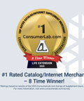 ConsumerLab.com award badge for top rated catalog/internet merchant, Life Extension 2025, 8-time winner
