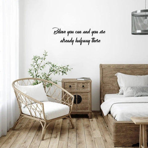 9 Pcs Vinyl Wall Decals With Inspirational Quotes Removable Motivational Sayings Peel And Stick For School Classroom Home Office Black Font Classic Decor displayed in a cozy bedroom setting with a wicker chair and wooden furniture