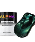 Premium Grade Diamond Green Auto Basecoat Paint Gallon Ready To Roll With Slow Reducer Blend For A Knockout Metallic Drip And Slick Custom Car Finish Job with dark green paint sample and can.