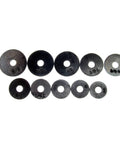 Assorted Flat Washer Pro Set In Black, 100 Piece Plumbing Repair Kit with various inch and metric rubber washers on white background