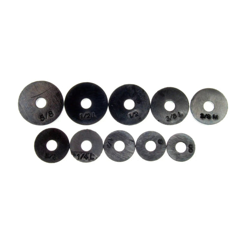 Assorted Flat Washer Pro Set In Black, 100 Piece Plumbing Repair Kit with various inch and metric rubber washers on white background