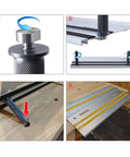 Pro Grade Heavy Duty Bench Dogs for Woodworking Set of 2, showing 20mm hole fit on aluminum guide rail with quick clamp stops.