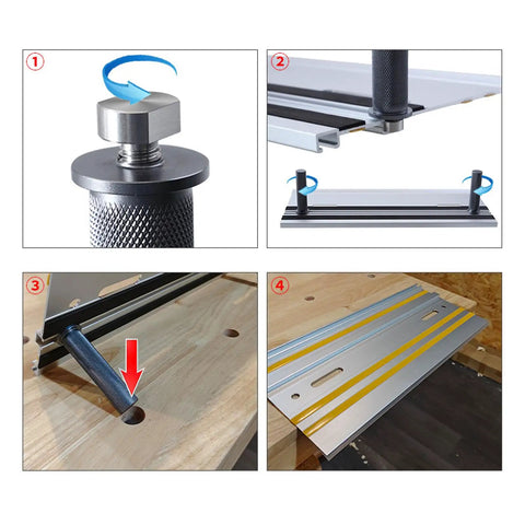 Pro Grade Heavy Duty Bench Dogs for Woodworking Set of 2, showing 20mm hole fit on aluminum guide rail with quick clamp stops.