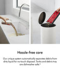 WashG1 Wet Cleaner For Hard Floors With Dual Motorized Rollers And Microfiber Pads in use, debris separation and disposal process