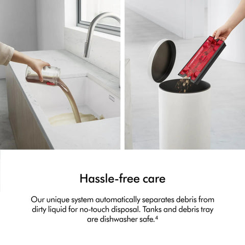 WashG1 Wet Cleaner For Hard Floors With Dual Motorized Rollers And Microfiber Pads in use, debris separation and disposal process