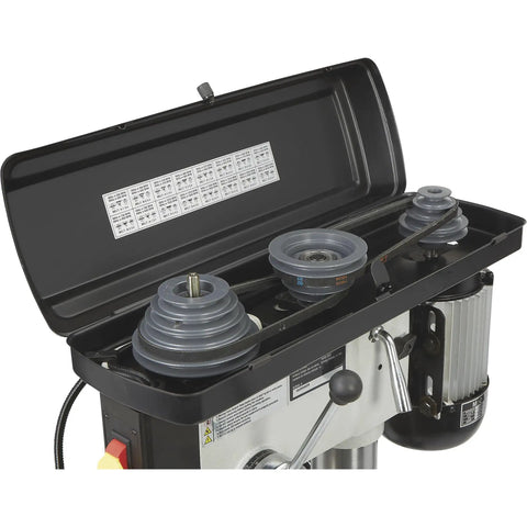Open motor housing of Workhorse Floor Drill Press With Sixteen Speeds, Thirteen Inch Swing, showing pulley system