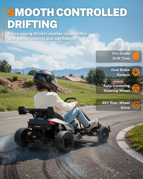 Licensed McLaren 48V Go Kart For Ages 14 And Up Dual 750W Brushless Motors Up To 15 MPH Pro Grade Drift Tires on a track