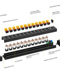 Exploded view of Heavy Duty 12-Outlet Metal Power Strip With Individual Switches, metal casing, and 1020J surge protector components.